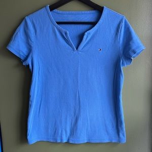 VINTAGE 90s TOMMY HILFIGER T SHIRT WOMENS BLUE SPLIT NECK TOP L LARGE 10